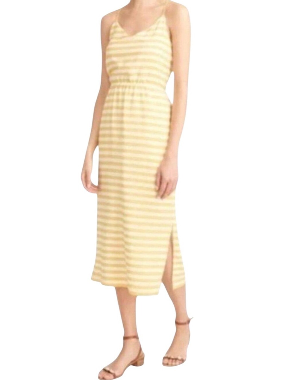 J. Crew Yellow & White Stripe Silk Sleeveless Midi Dress Size 4 Petite